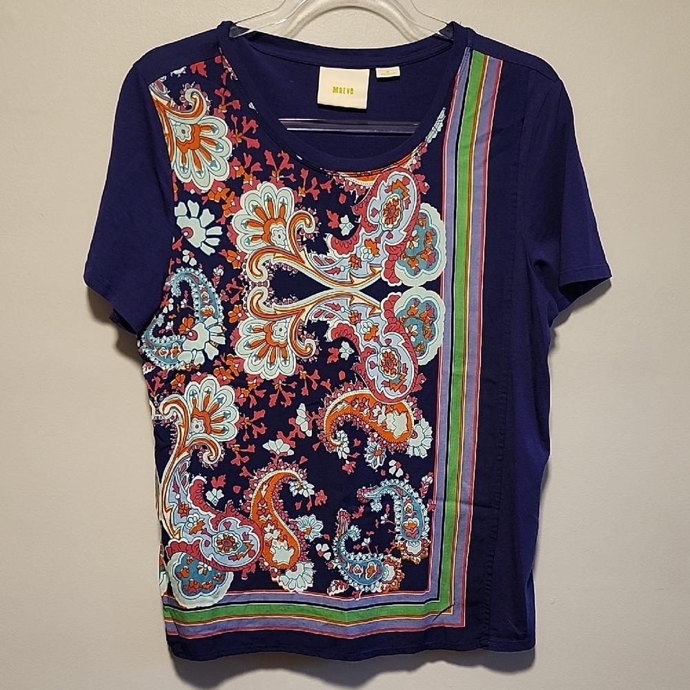 Anthropologie Maeve Purple with Orange and Blue Paisley Scarf Shirt Sleeve Tee - Picture 3 of 6